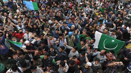 "Pakistan flagâ€™s seen waving at a rally in Srinagar, on April 15, 2015, held to protest extrajudicial killing of two Kashmiri youth by the Indian Security Forces''  