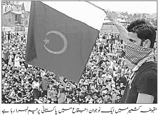 A Kashmiri youth waves Pakistani flag in a rally in Sri Nagar, Indian-held Kashmir