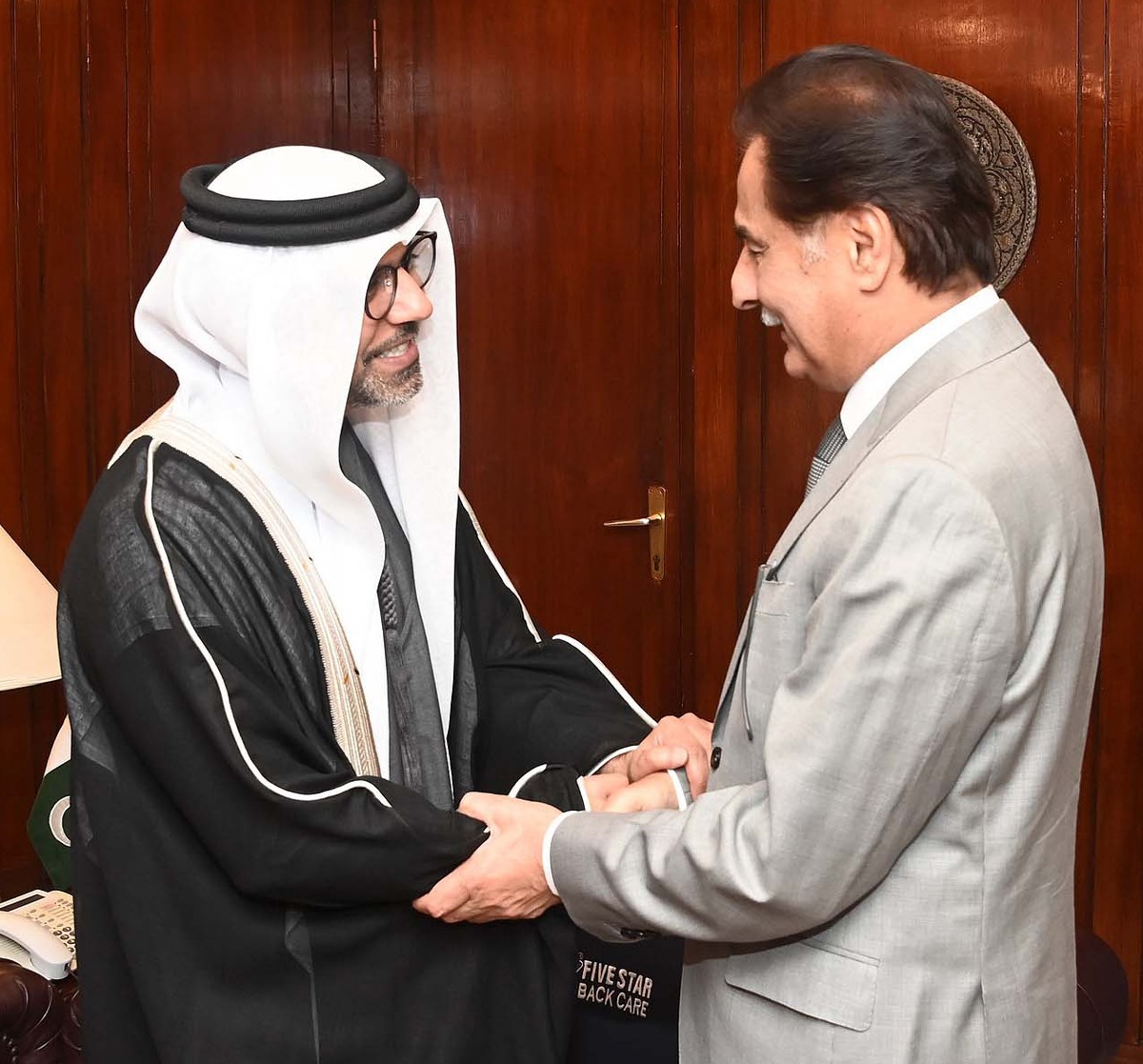 Islamabad 22.03.2024: Speaker National Assembly Sardar Ayaz Sadiq welcoming Ambassador of the United Arab Emirates Mr. Hamad Obaid Ibrahim Alzaabi at Parliament House