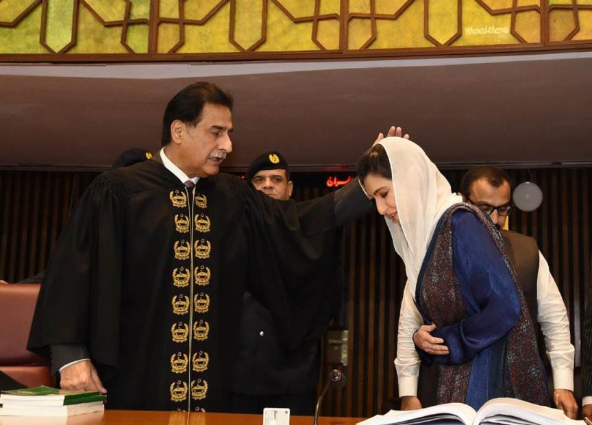 Islamabad 15.04.2024: Speaker National Assembly Sardar Ayaz Sadiq congratulating Ms. Aseefa Bhutto Zardari on taking oath as Member National Assembly of Pakistan at Parliament House