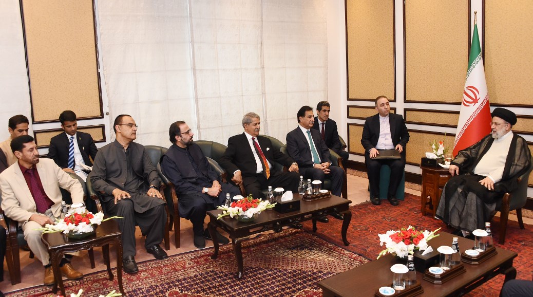 Speaker National Assembly Sardar Ayaz Sadiq in a meeting with President of Iran Dr. Seyyed Ebrahim Raisi. Islamabad: 22.04.2024