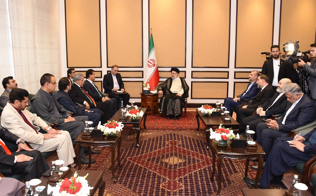 Speaker National Assembly Sardar Ayaz Sadiq in a meeting with President of Iran Dr. Seyyed Ebrahim Raisi. Islamabad: 22.04.2024