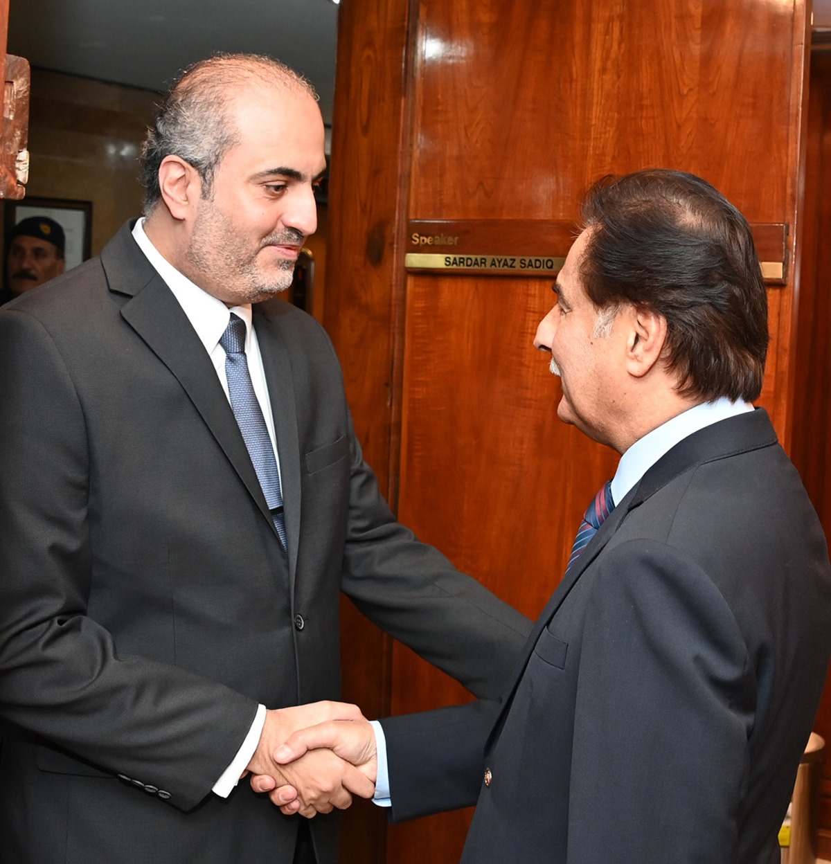 Islamabad 30.04.2024:Speaker National Assembly Sardar Ayaz Sadiq receiving Ambassador of Qatar Mr. Ali Mubarak Ali Essa Al-Khater at Parliament House.