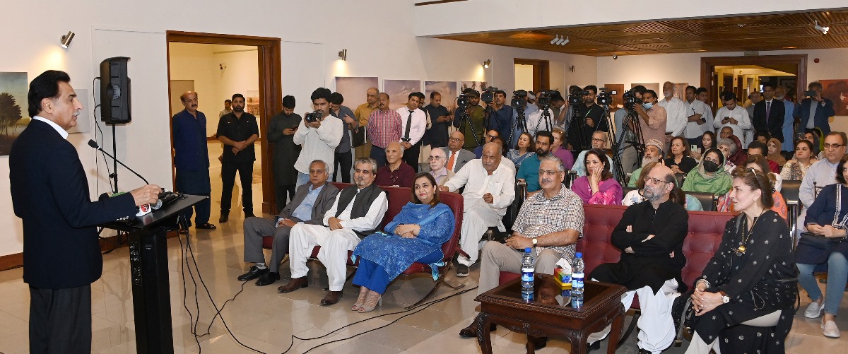 Speaker National Assembly Sardar Ayaz Sadiq addressing the Participants after inaugurating the Art Exhibition with theme "A Tribute to the people of Pakistan" by Artist and Social Worker Jimmy Engineer (Servent of Pakistan) at PNAC.