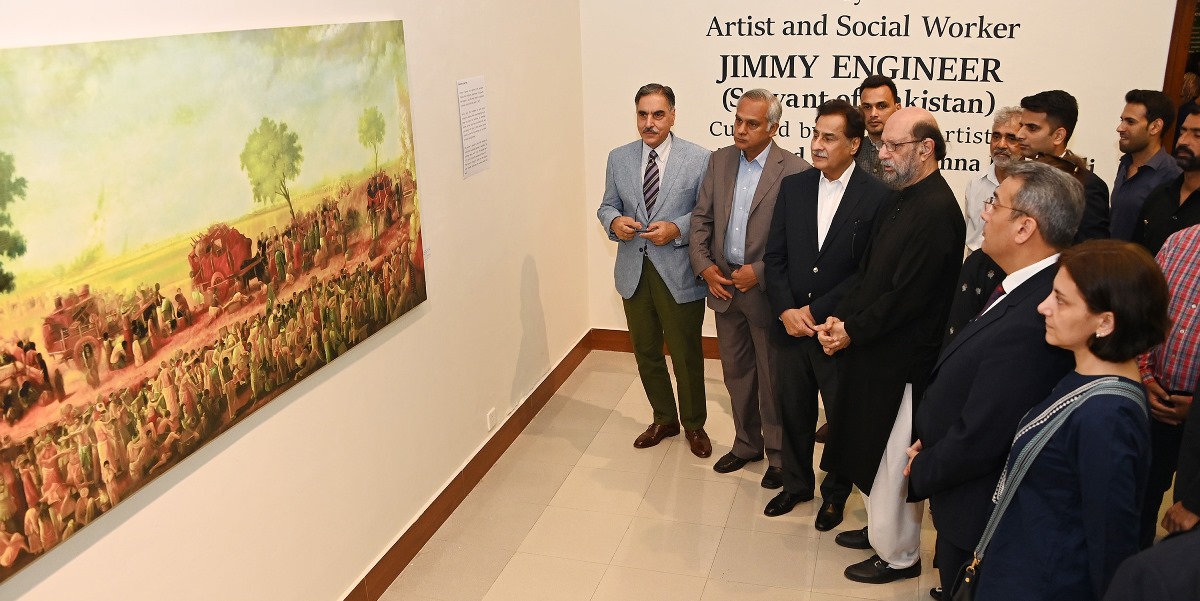 Speaker National Assembly Sardar Ayaz Sadiq viewing the Art Exhibition with the theme "A Tribute to the people of Pakistan" by Artist and Social Worker Jimmy Engineer (Servent of Pakistan) at PNAC.