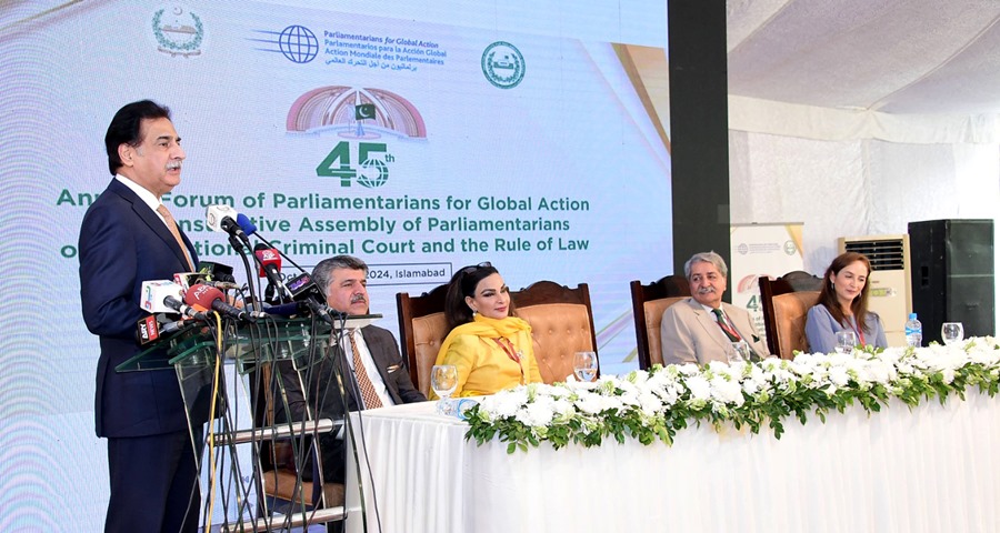 Islamabad 28.10.2024: Speaker NA Sardar Ayaz Sadiq addressing the Inaugural Session of the 45th Annual Forum of the Parliamentarians for Global Action (PGA) and the 13th Consultative Assembly of Parliamentarians on the International Criminal Court (CAP-ICC) and the Rule of Law