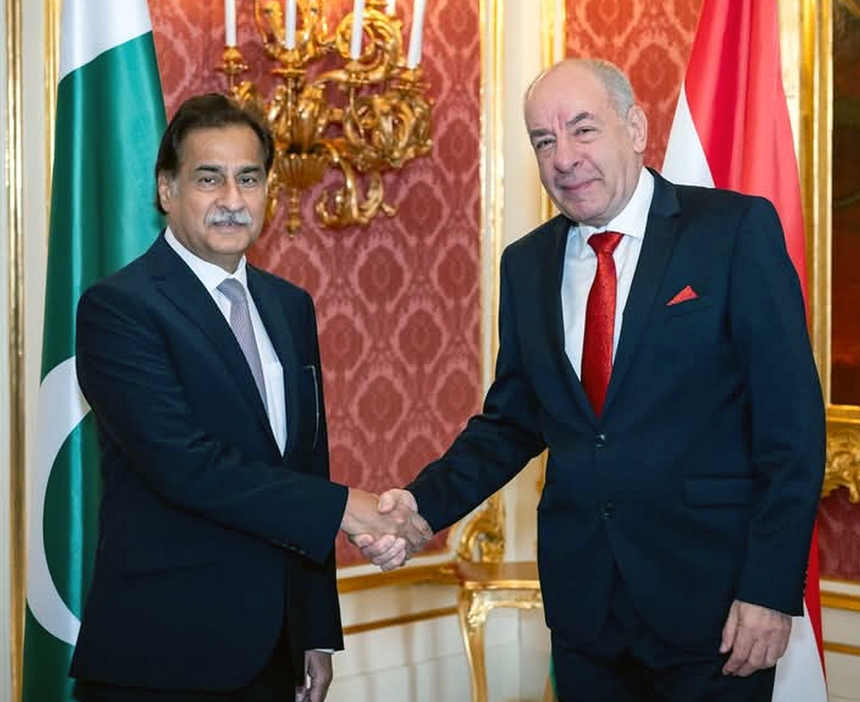 Budapest 28.02.2025: President of Hungary, Mr. Tamas Sulyok, welcoming the Speaker National Assembly, Sardar Ayaz Sadiq at Sandor Palace in Budapest, Hungary