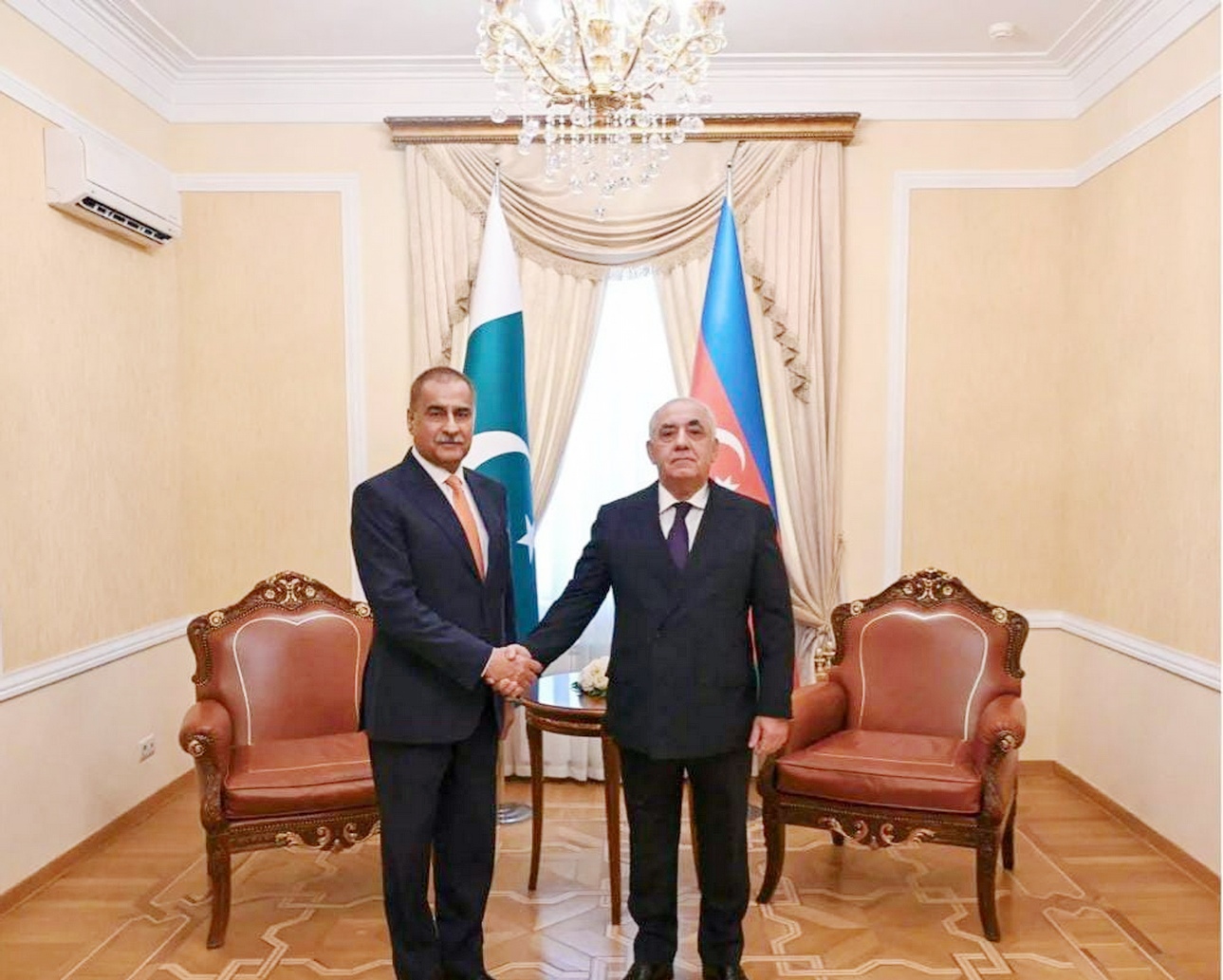 Baku 9th July 2025: Speaker National Assembly Sardar Ayaz Sadiq shaking hand with the Prime Minister of Azerbaijan, Mr. Ali Asadov, at Cabinet of Ministers in Baku, Azerbaijan.