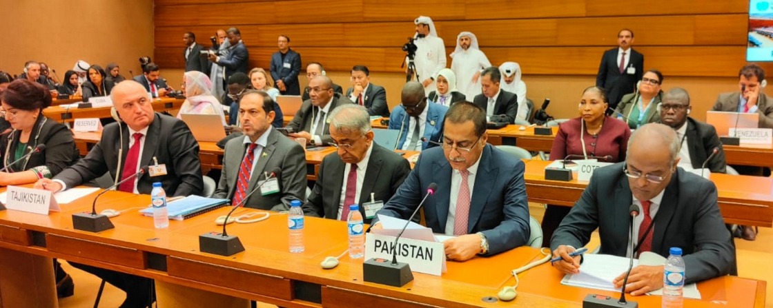 Palais des Nations, Geneva - Tuesday, 29th July, 2025: Speaker National Assembly Sardar Ayaz Sadiq addressing the conference "Upholding the UN Charter and International Law to Ensure International Peace and Security", hosted by the Islamic Republic of Iran during the sidelines of the Sixth World Conference of Speakers of Parliament in Geneve