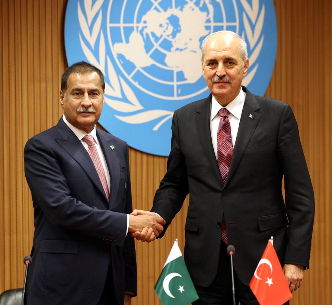 Geneva 30th July 2025: Speaker National Assembly Sardar Ayaz Sadiq in a met with the President of the Turkish Grand National Assembly, Mr. Numan Kurtrulmus on the sidelines of the 6th World Conference of Speaker of Parliament in Geneva