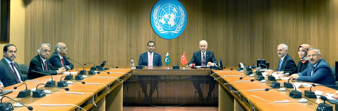Geneva 30th July 2025: Speaker National Assembly Sardar Ayaz Sadiq in a meeting with the President of the Turkish Grand National Assembly, Mr. Numan Kurtrulmus on the sidelines of the 6th World Conference of Speaker of Parliament in Geneva