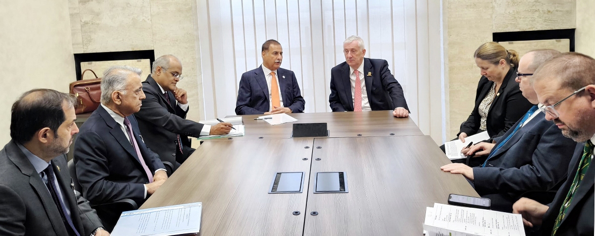 Geneva 31st July 2025: Speaker National Assembly Sardar Ayaz Sadiq in a meeting with Speaker of the House of Common UK Sir Lindsay Hoyle on the sidelines of the 6th World Speakers Conference in Geneva.