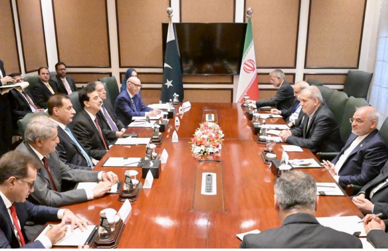Islamabad 03.08.2025: Speaker National Assembly sardar Ayaz sadiq in a meeting with President of Iran H.E. Dr. Masoud pezeshkian.