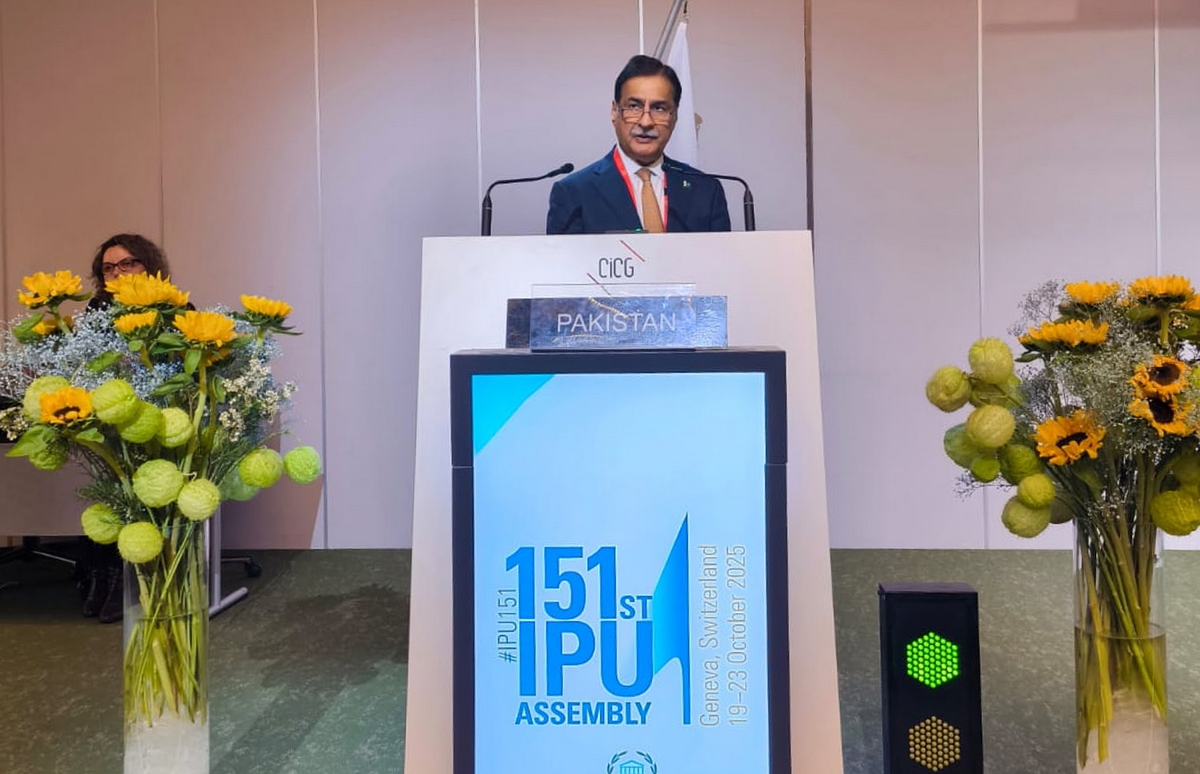 Geneva 21.10.2025: Speaker National Assembly Sardar Ayaz Sadiq addressing the 151st Inter- Parliamentary Union (IPU) Assembly held in Geneva Switzerland.
