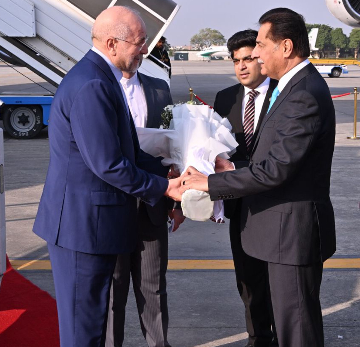 Islamabad 05.11.2025: Speaker National Assembly Sardar Ayaz Sadiq welcoming Speaker of the Islamic Consultative Assembly of Iran Mohammad Bagher Ghalibaf on his arrival at Nur Khan Airbase.