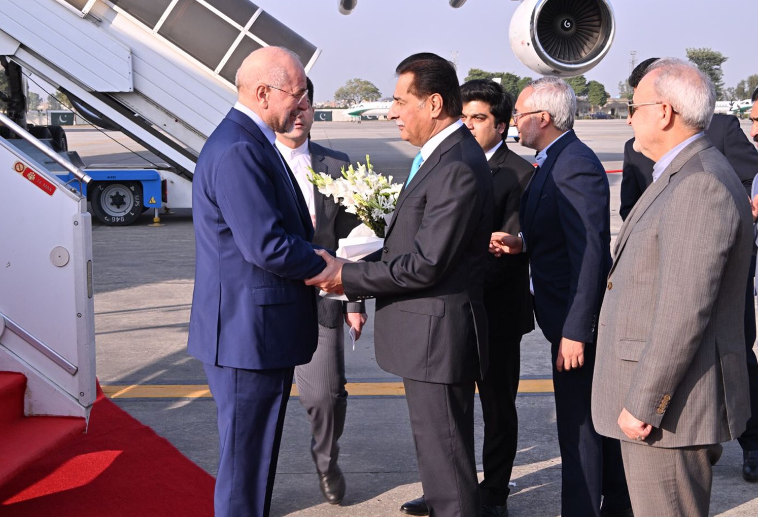 Islamabad 05.11.2025: Speaker National Assembly Sardar Ayaz Sadiq receiving Speaker of the Islamic Consultative Assembly of Iran Mohammad Bagher Ghalibaf on his arrival at Nur Khan Airbase.
