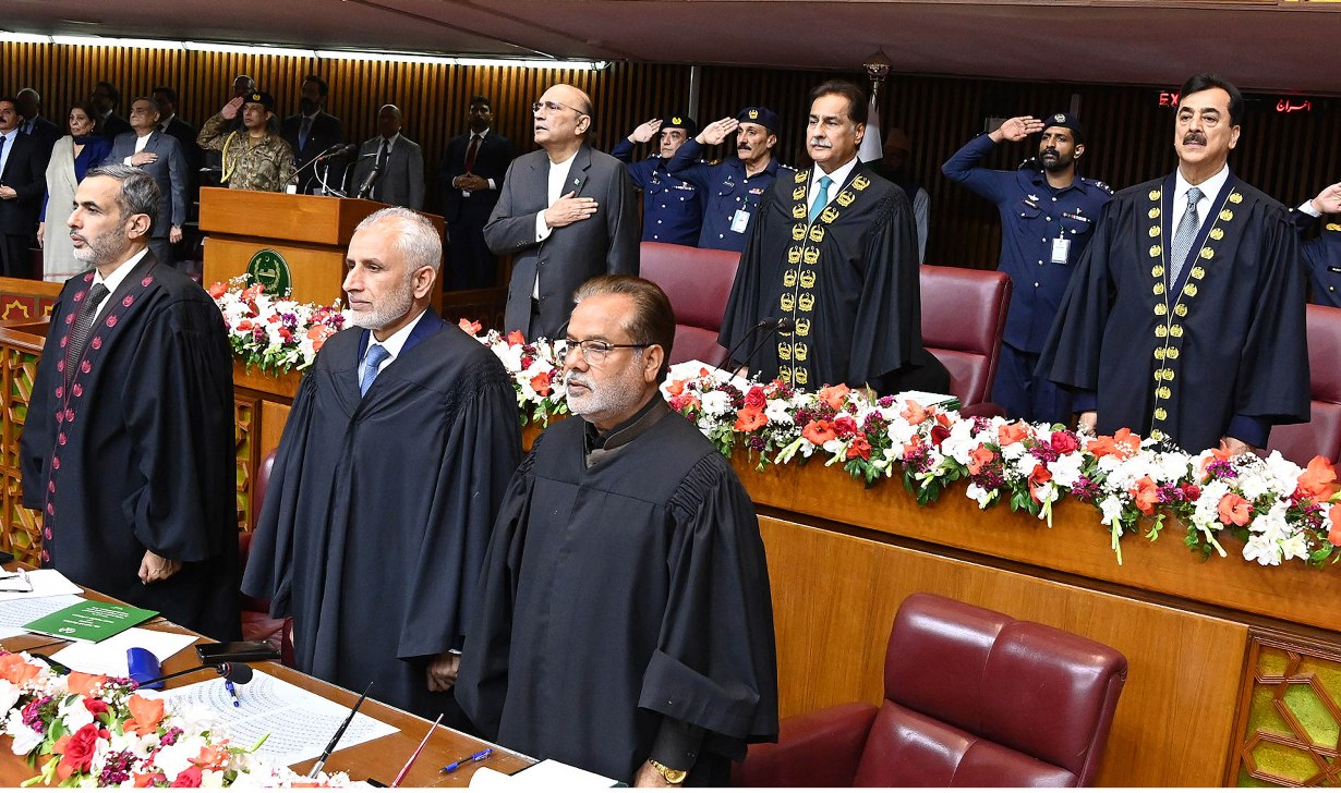 Islamabad 02.03.2026: President of Islamic Republic of Pakistan Asif Ali Zardari, Speaker National Assembly Sardar Ayaz Sadiq and Chairman Senate Syed Yousuf Raza Gillani listening to the National Anthem before the President Address to the Joint Session of the Parliament