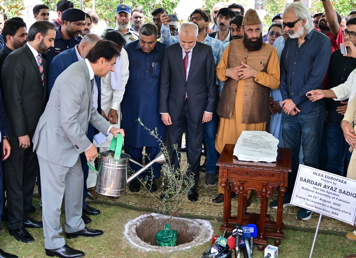Islamabad, 25.08.2026: Speaker National Assembly Sardar Ayaz Sadiq planting a sapling of Olea Europaea in front of Parliament House. The sapling was gifted by MNA Faisal Amin Khan from Jerusalem, Bait-ul-Muqaddas